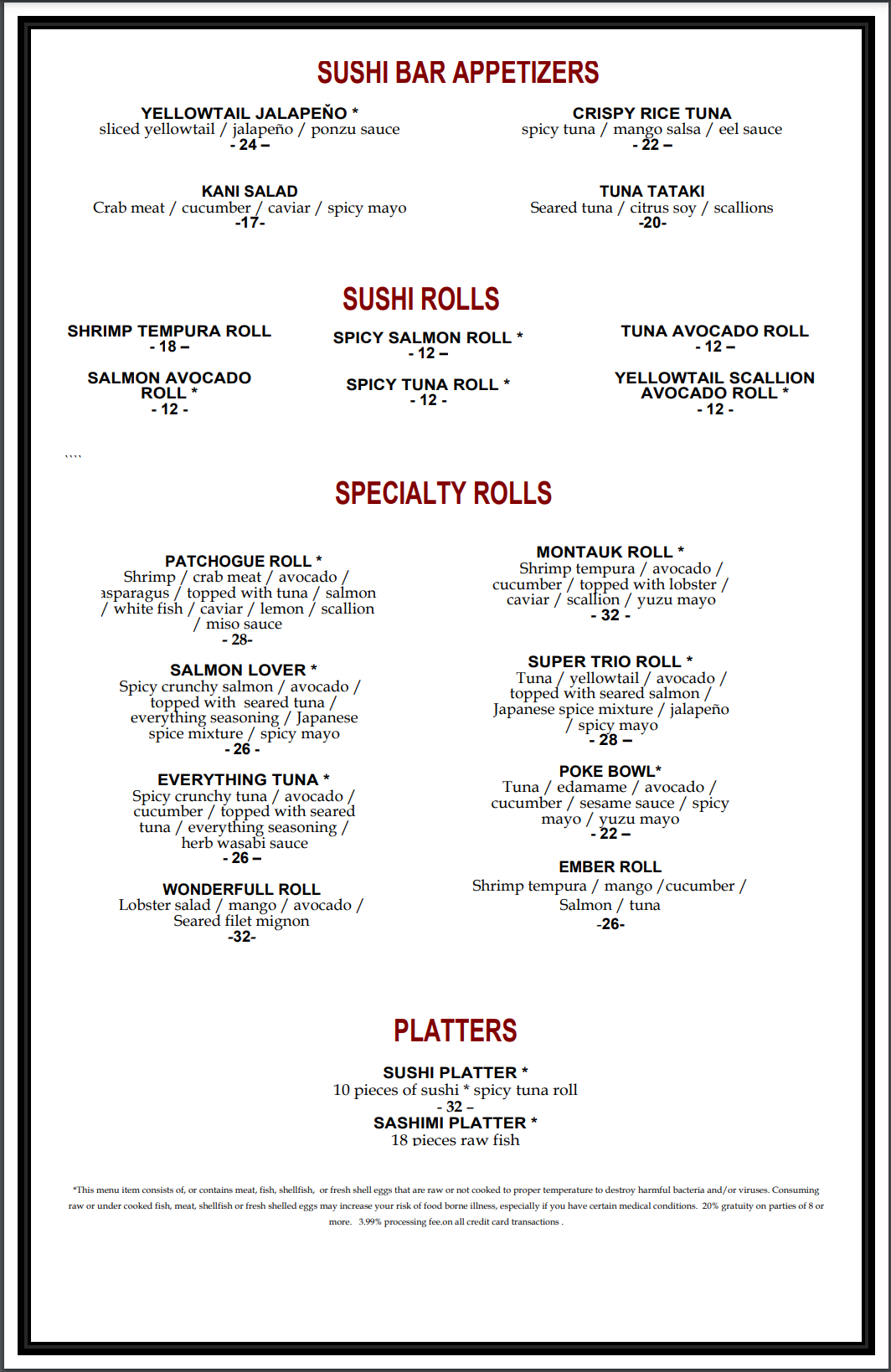 Sushi Bar Menu